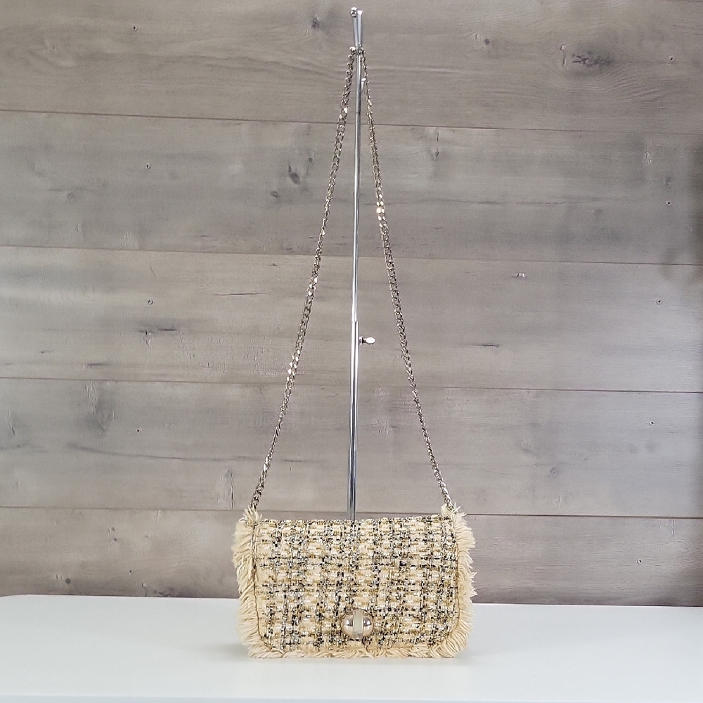 Zara Woman Fringed Tweed Beaded Shoulder Bag in Beige